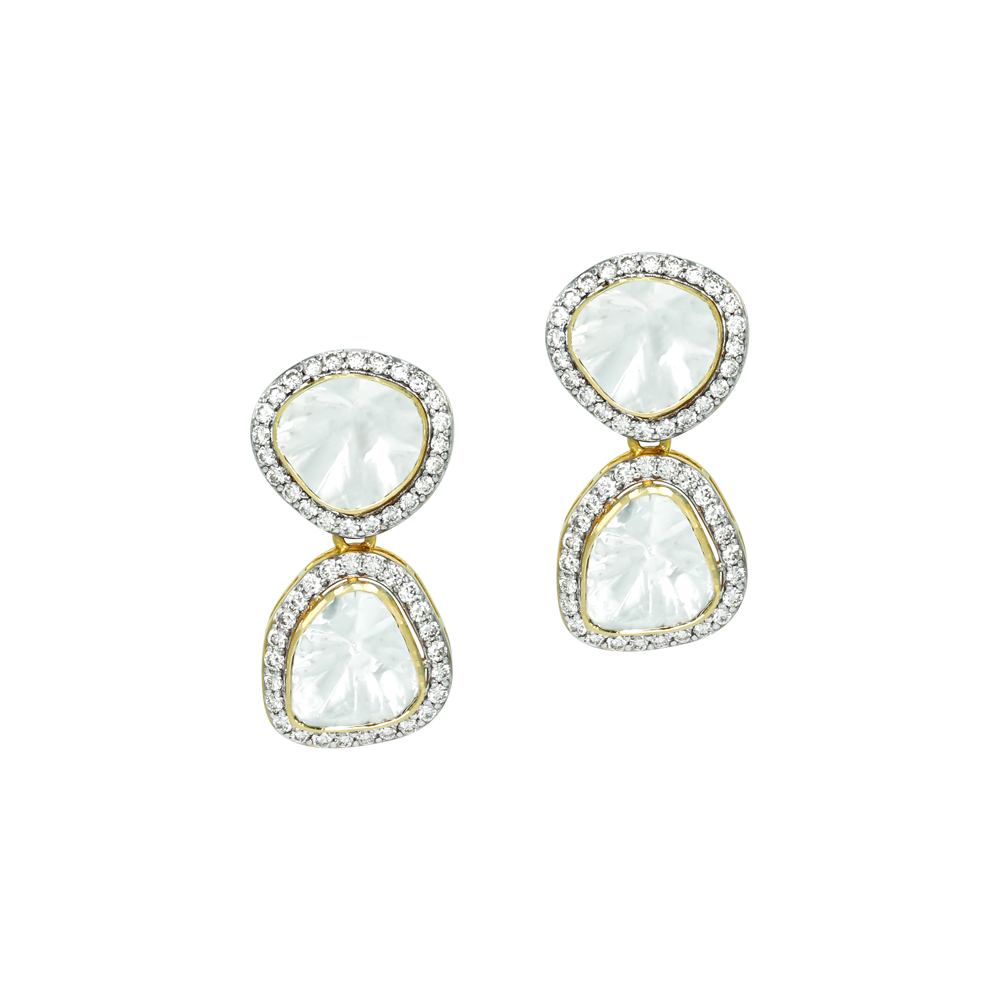 Double Drop Polki Earrings with Diamond Halos